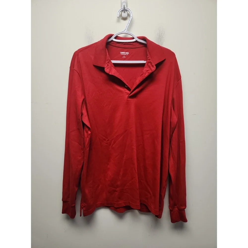 Lands End Traditional Fit Red  Mens Large 42-44  Long Sleeve Polo‎ Shirt